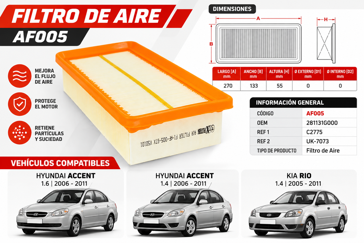Filtro de Aire Hyundai Accent II 1.4 — 2008 - 2010