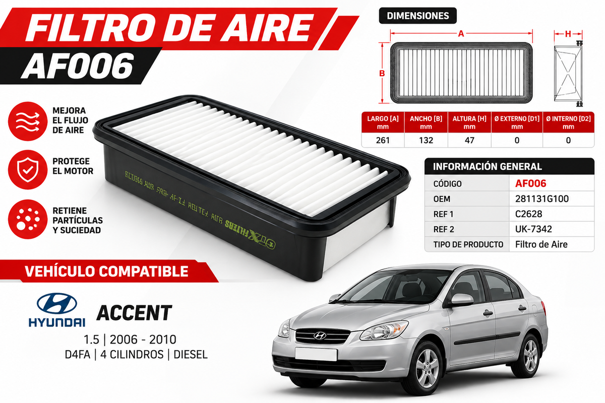 Filtro de Aire Hyundai Accent II 1.4 — 2008 - 2010